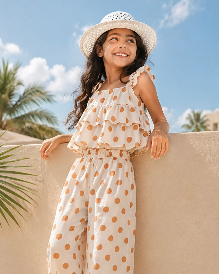 Young girl in a polka dot dress and sun hat standing against a blue sky with palm trees.