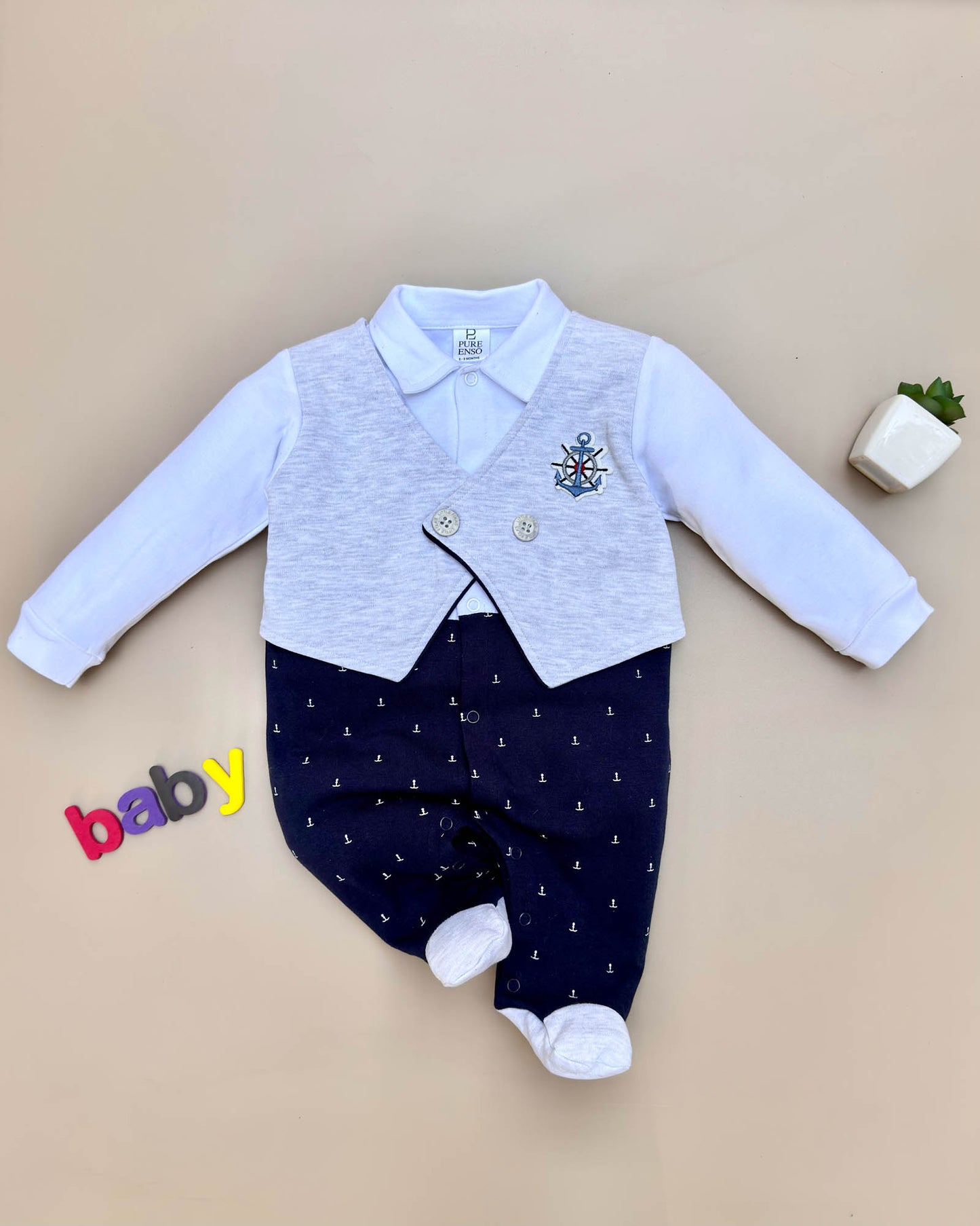 Full Body Knitted Romper With Feet Mittens & Applique Embroidery