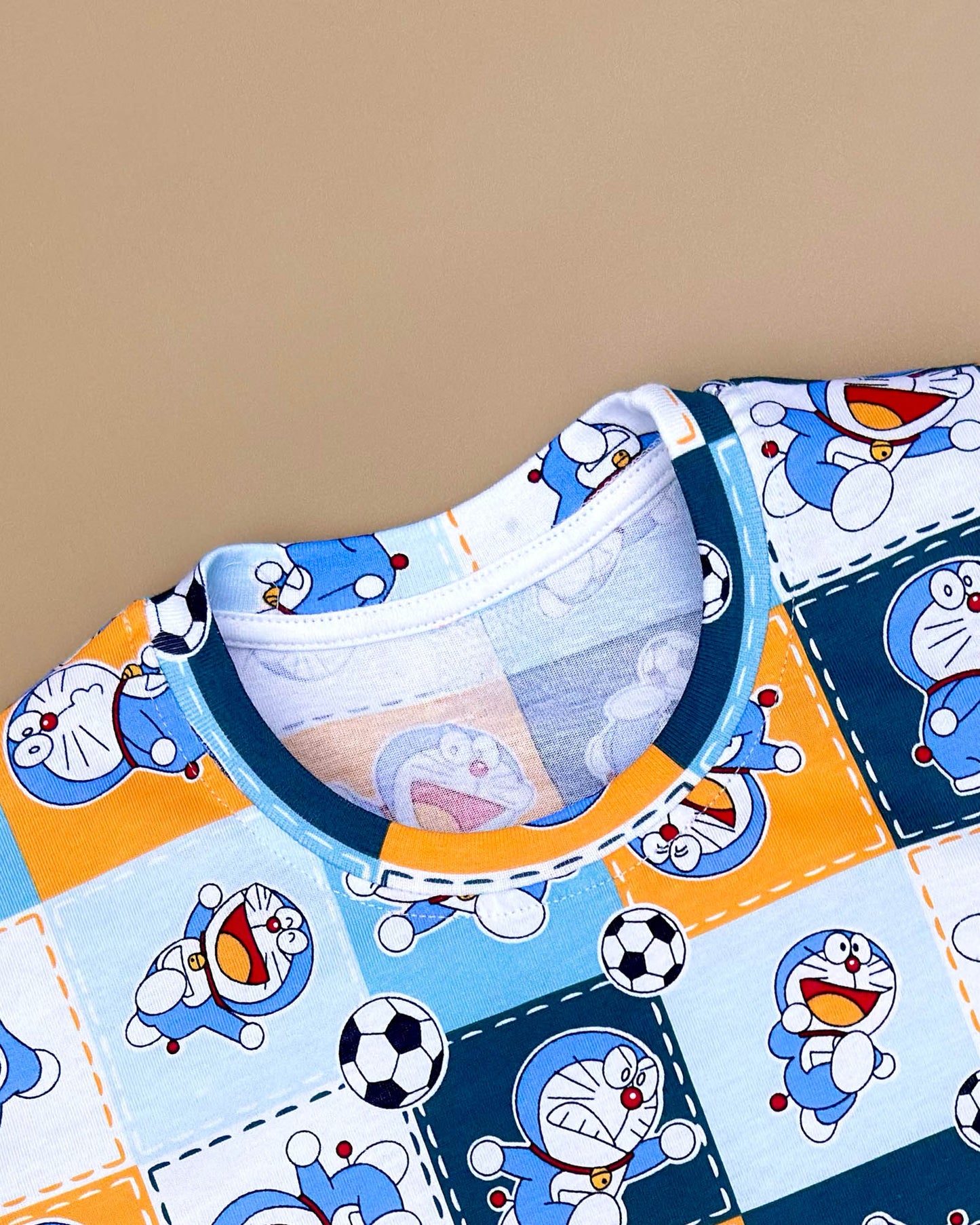 Doremon Check Printed T-Shirt & Shorts Co-Ord Set