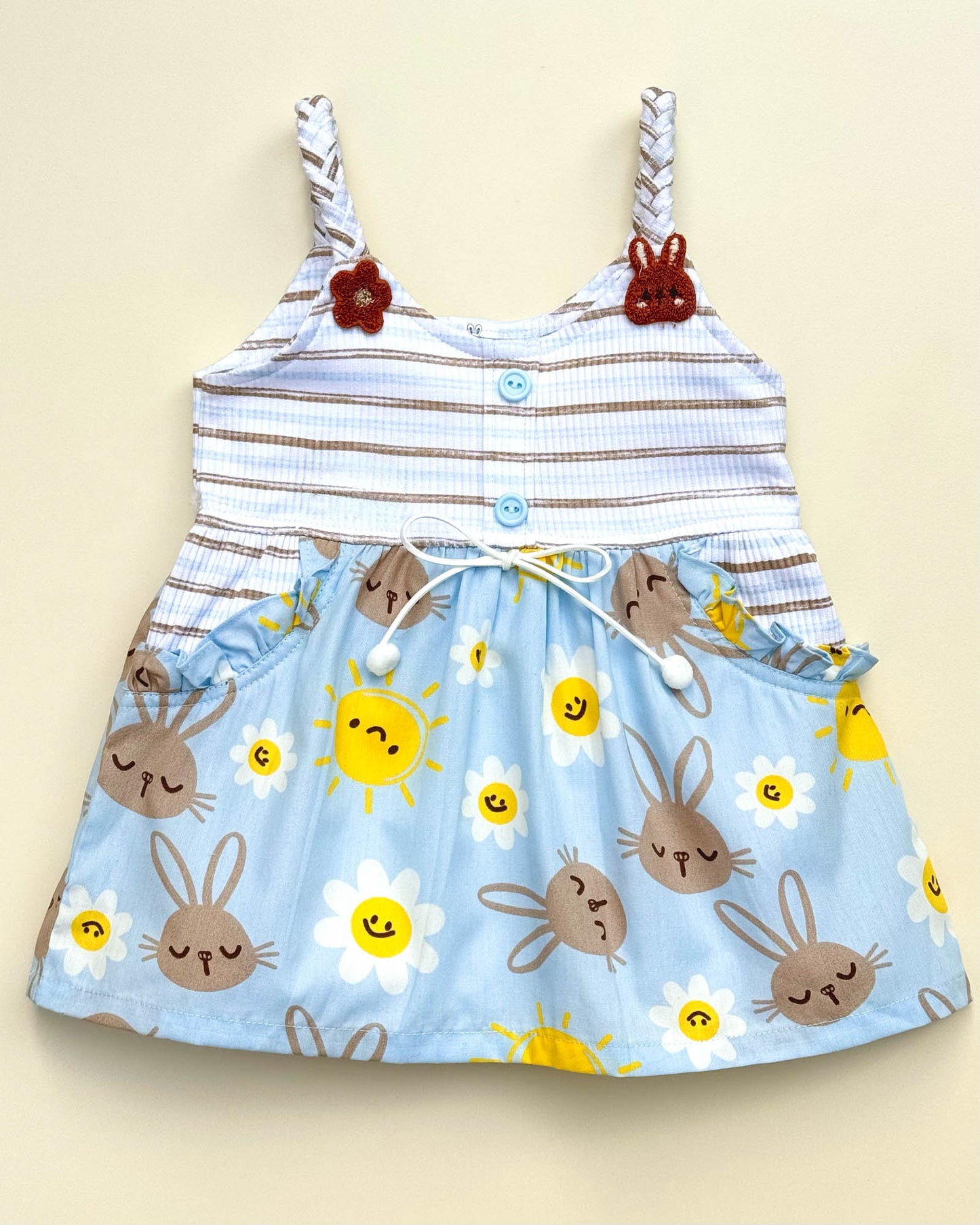 Bunny Print Cotton Braided Strap Casual Dress With Bloomer