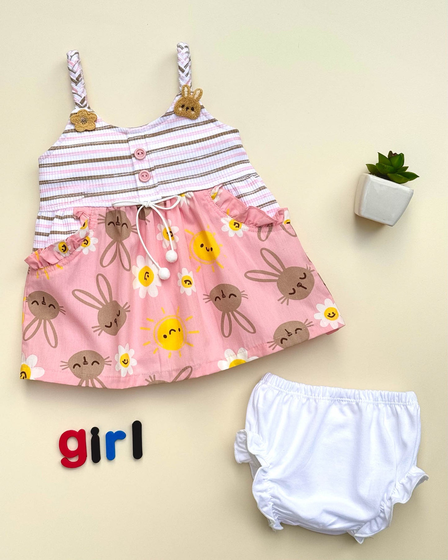 Bunny Print Cotton Braided Strap Casual Dress With Bloomer