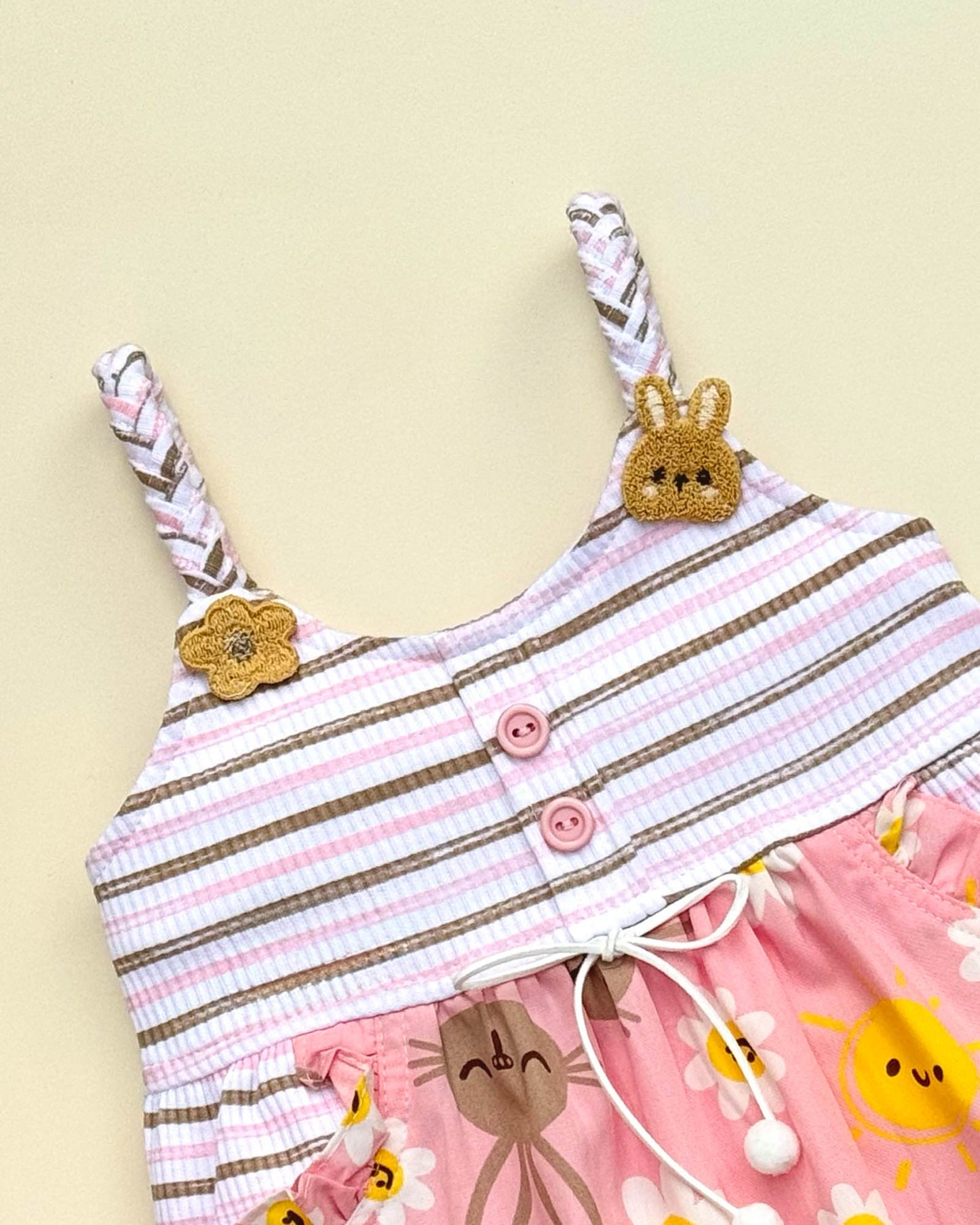 Bunny Print Cotton Braided Strap Casual Dress With Bloomer