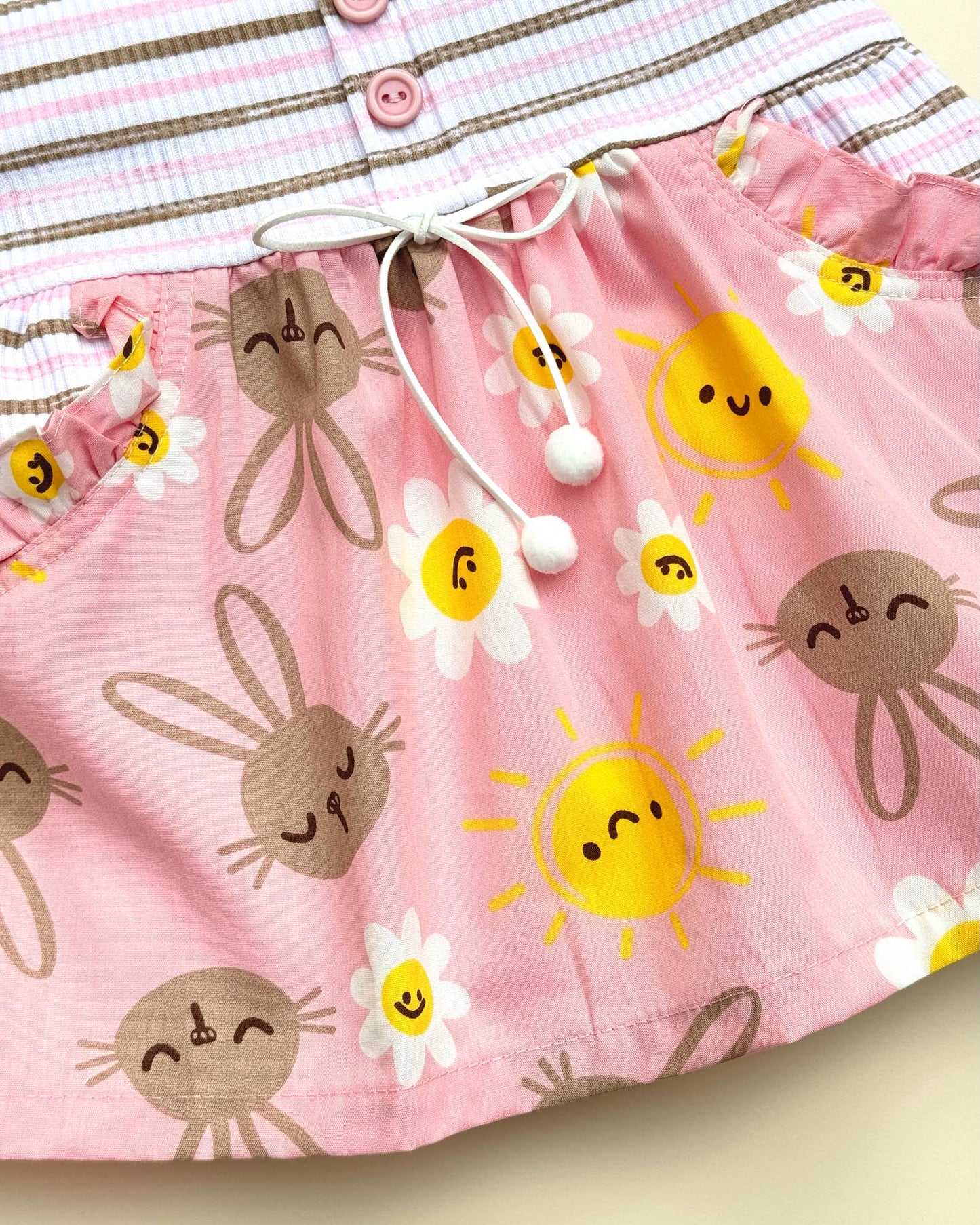 Bunny Print Cotton Braided Strap Casual Dress With Bloomer
