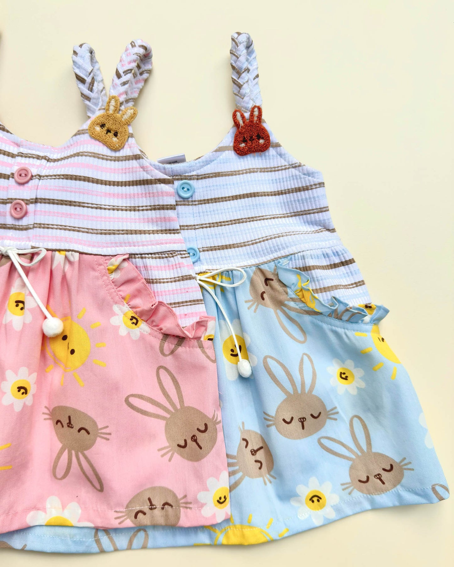 Bunny Print Cotton Braided Strap Casual Dress With Bloomer