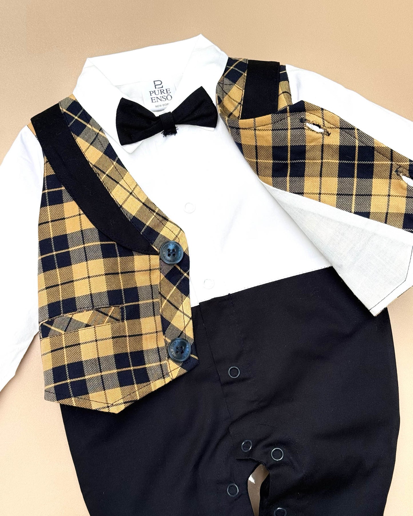 Full Body Check Print Knitted Romper With Bow Tie