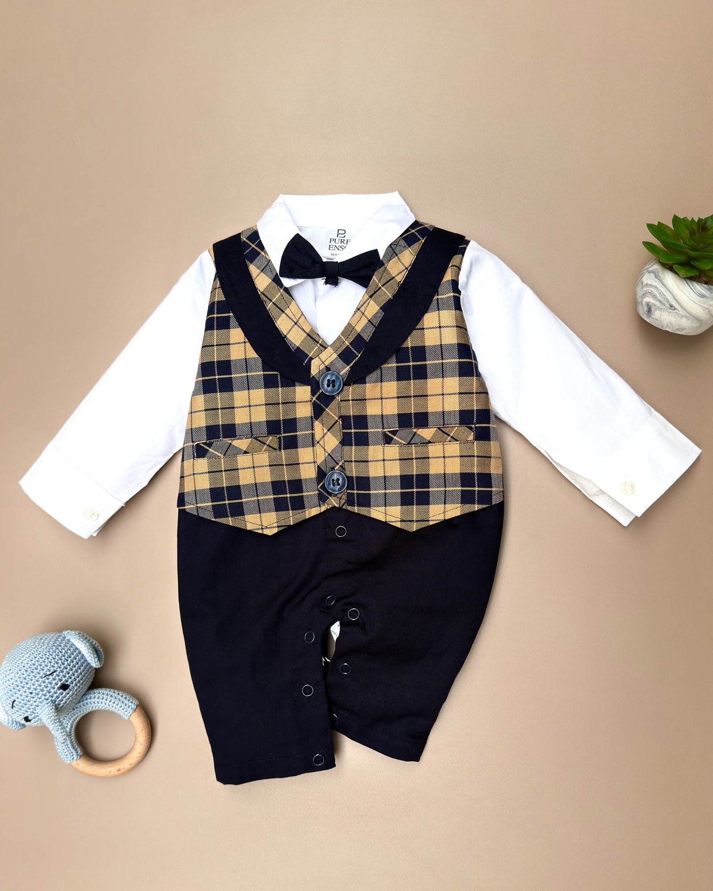 Full Body Check Print Knitted Romper With Bow Tie