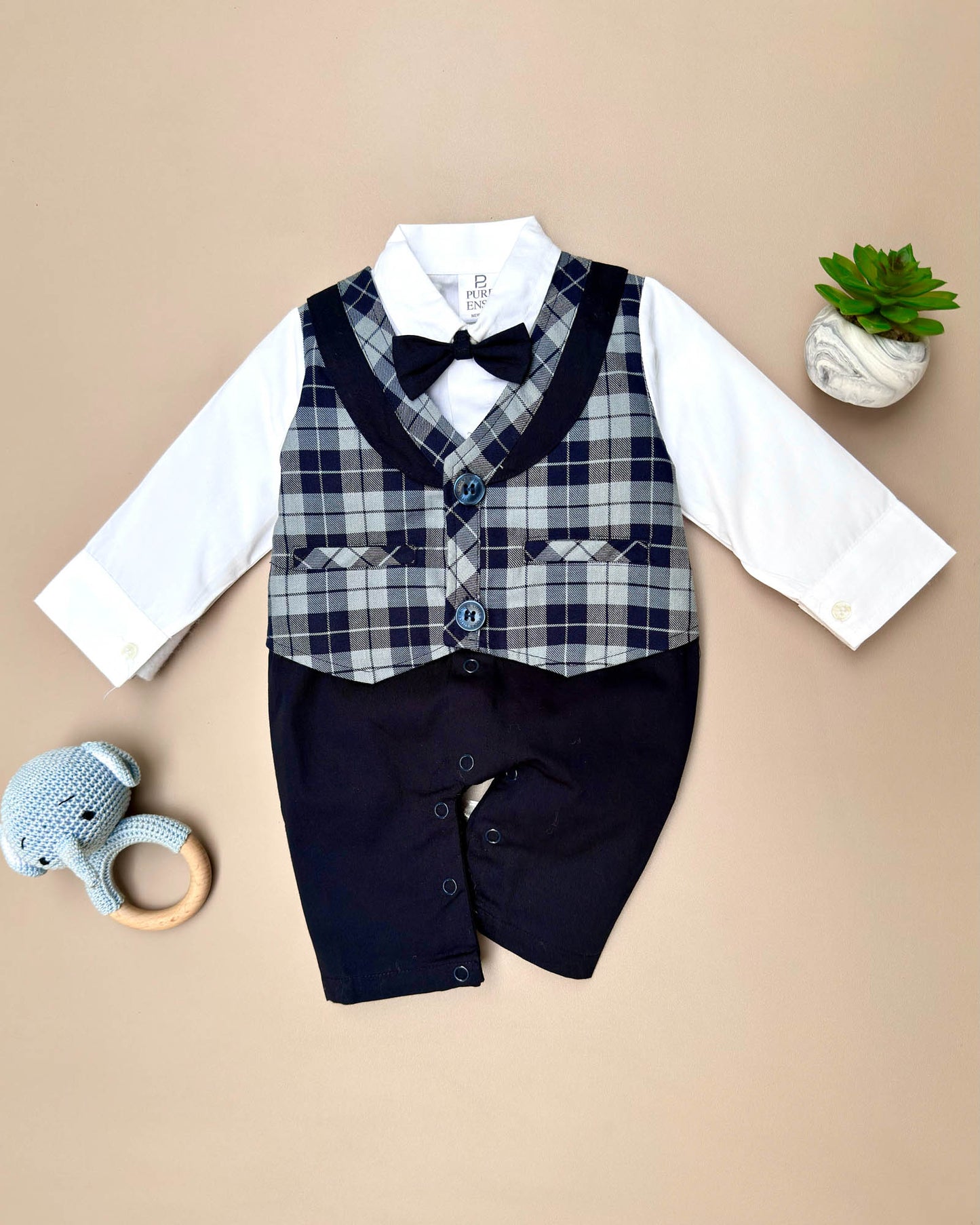 Full Body Check Print Knitted Romper With Bow Tie