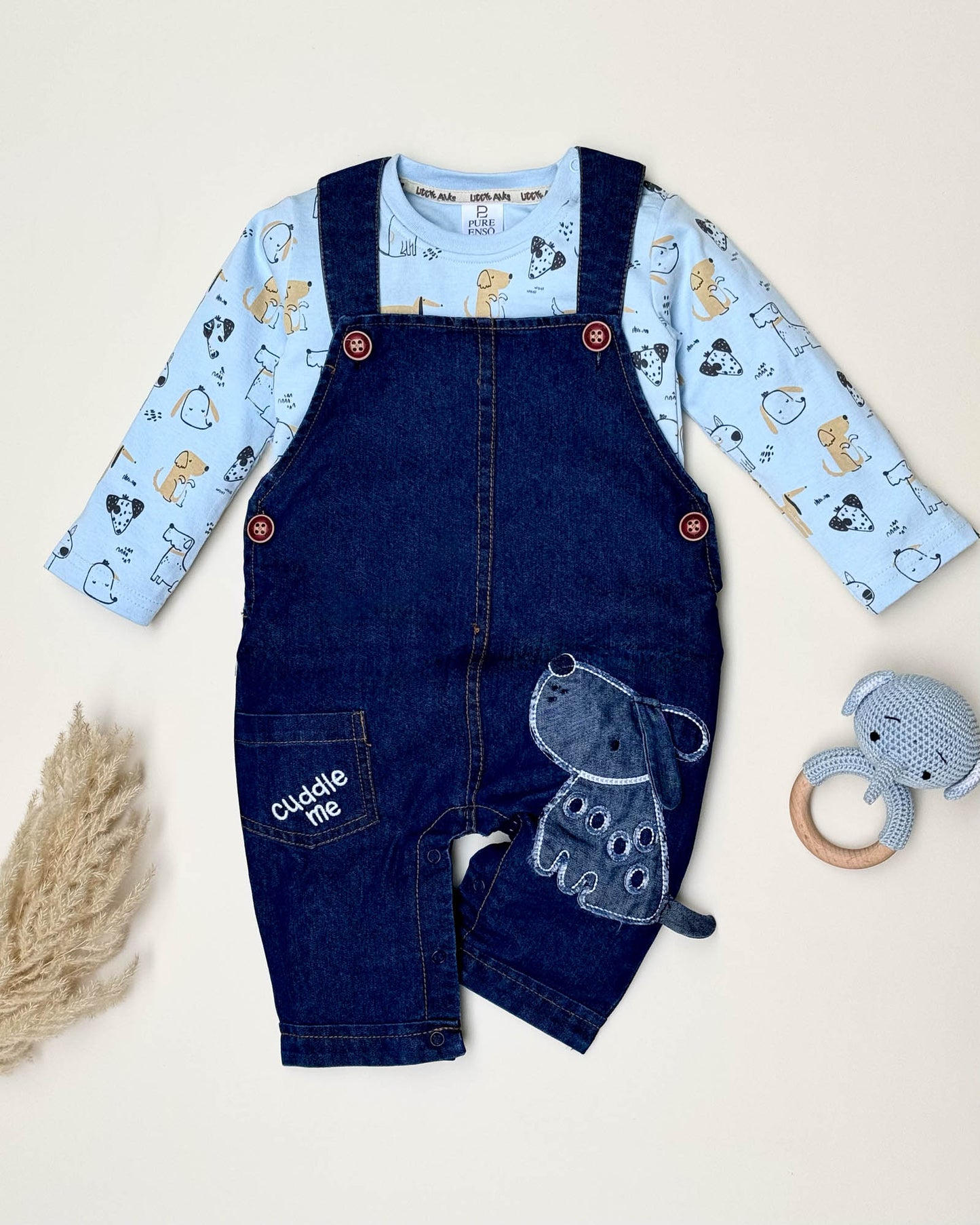 Printed T-Shirt With Denim Dungaree Romper & Applique Embroidery