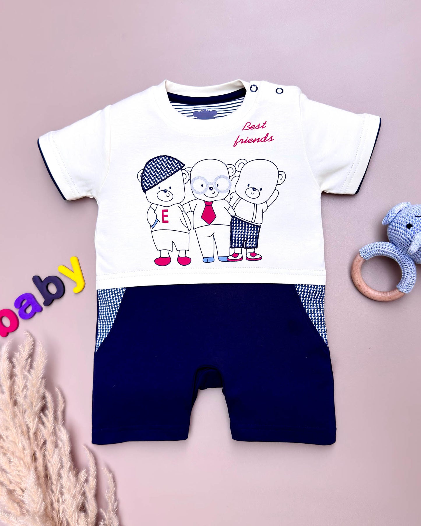 Half Sleeve Bear Club Printed Romper