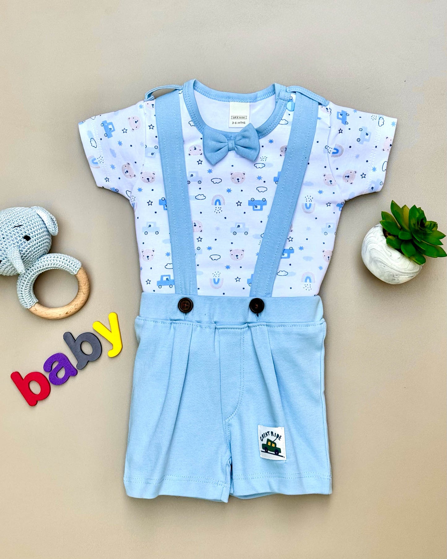 Printed Jumper with Bow Tie & Suspender-Style Shorts