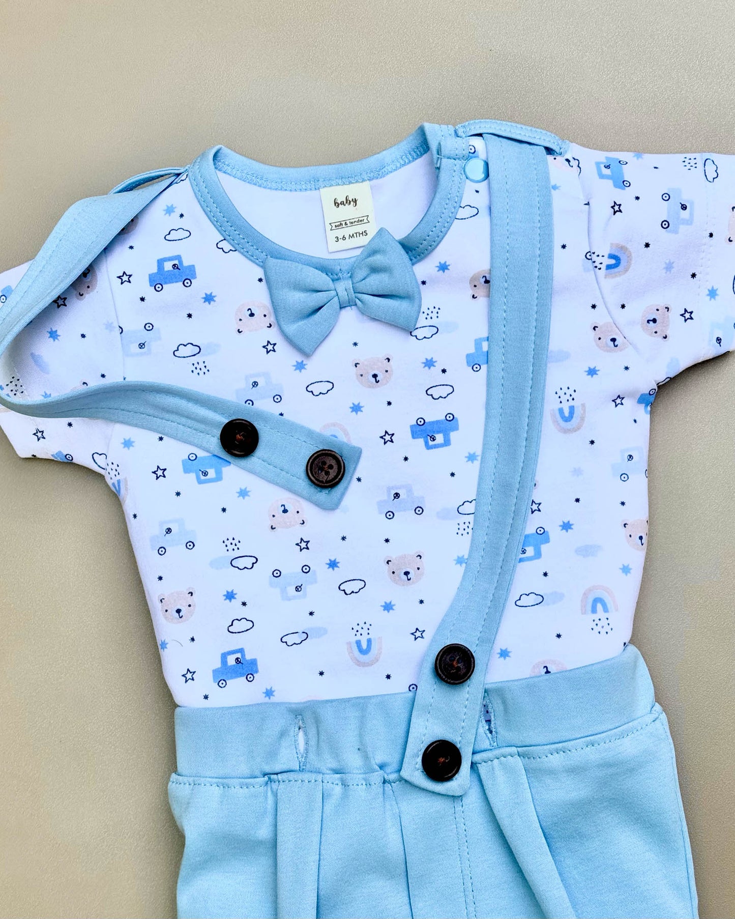 Printed Jumper with Bow Tie & Suspender-Style Shorts