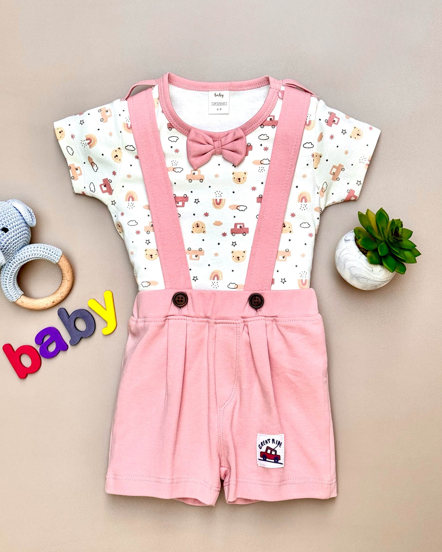 Printed Jumper with Bow Tie & Suspender-Style Shorts