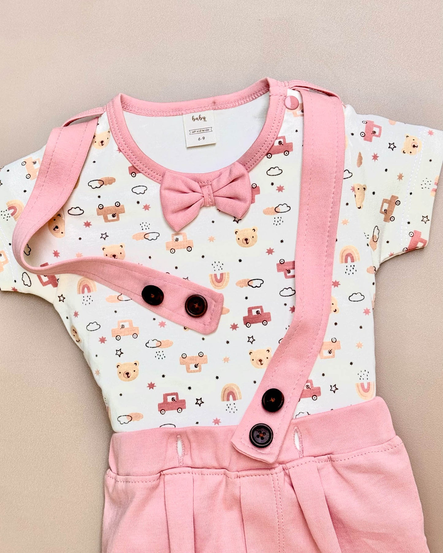 Printed Jumper with Bow Tie & Suspender-Style Shorts