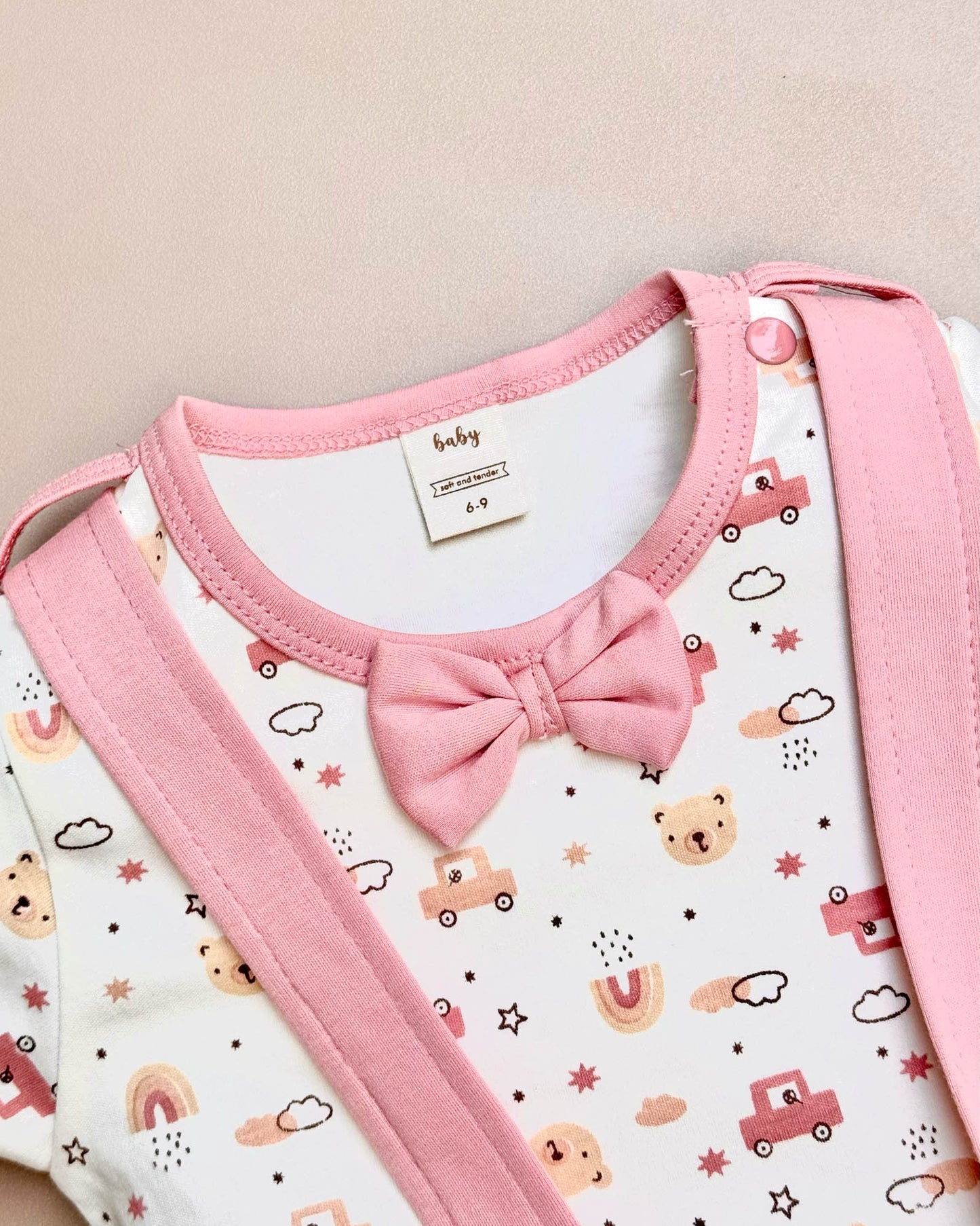 Printed Jumper with Bow Tie & Suspender-Style Shorts