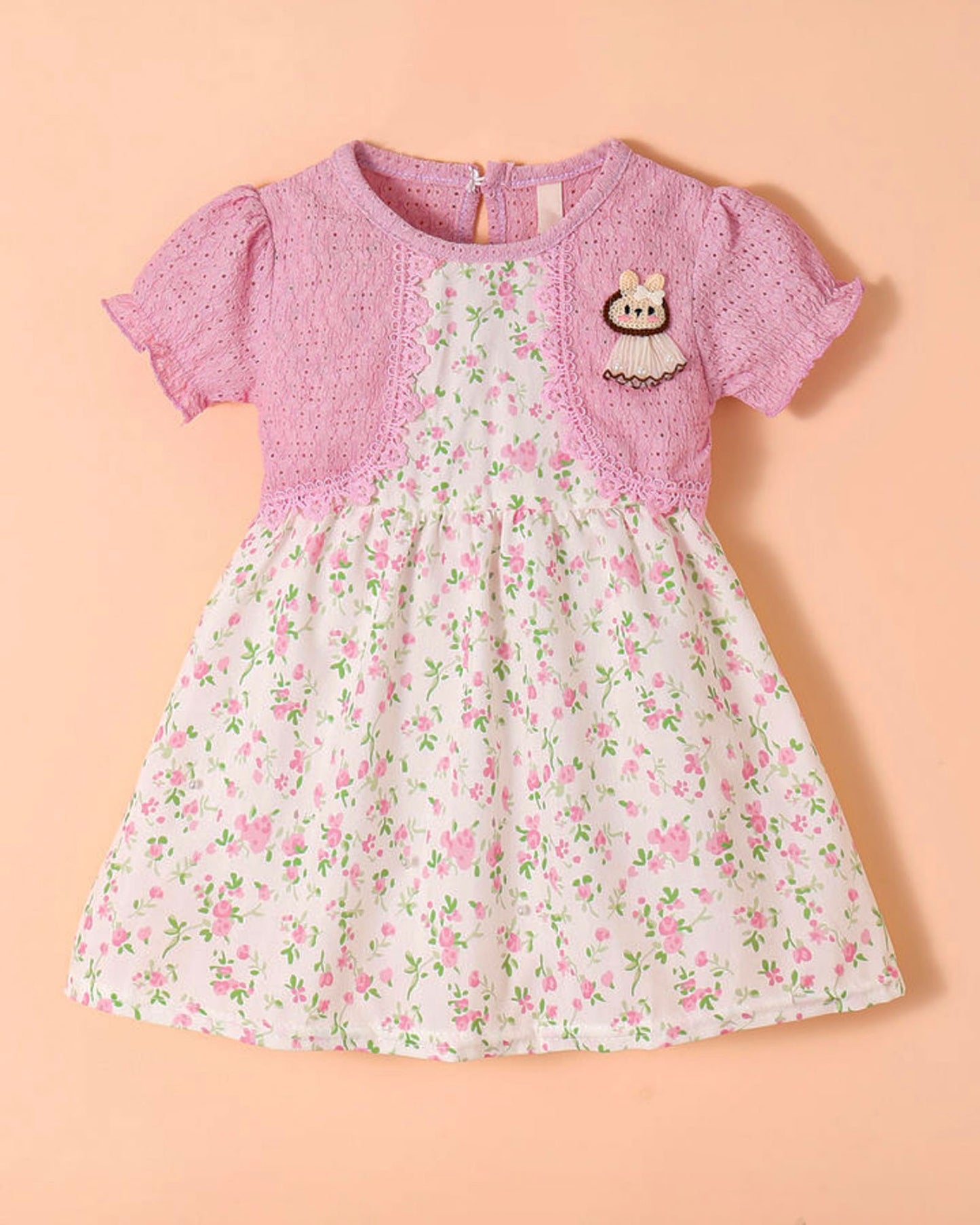 Girls Floral Print Casual Dress - Peach / Off White