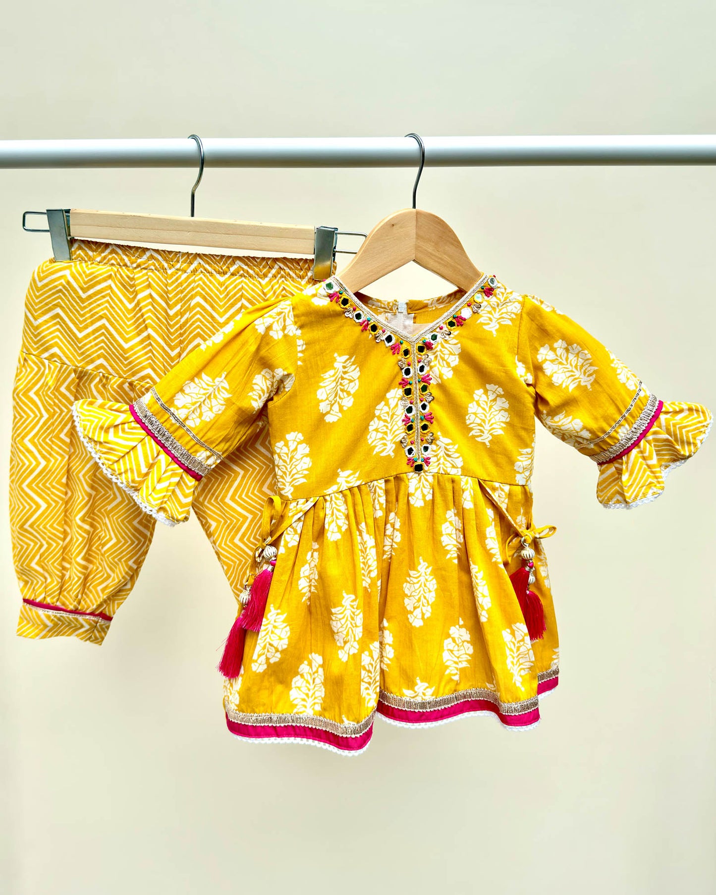 Traditional Printed Dhoti Salwae 2 Pec Set - Mustard
