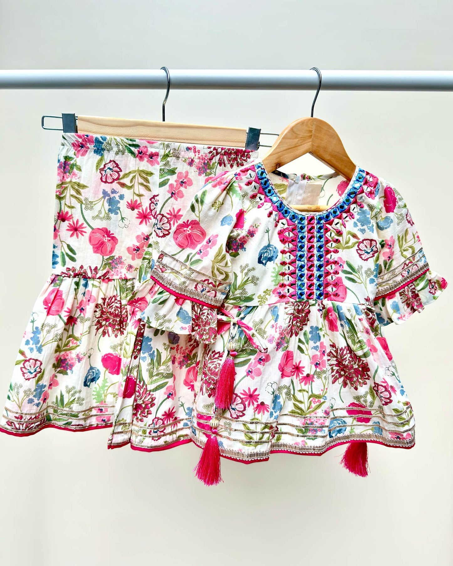 Tradiotional Embroidered Sharara 2 Pec Set - Off White / Pink