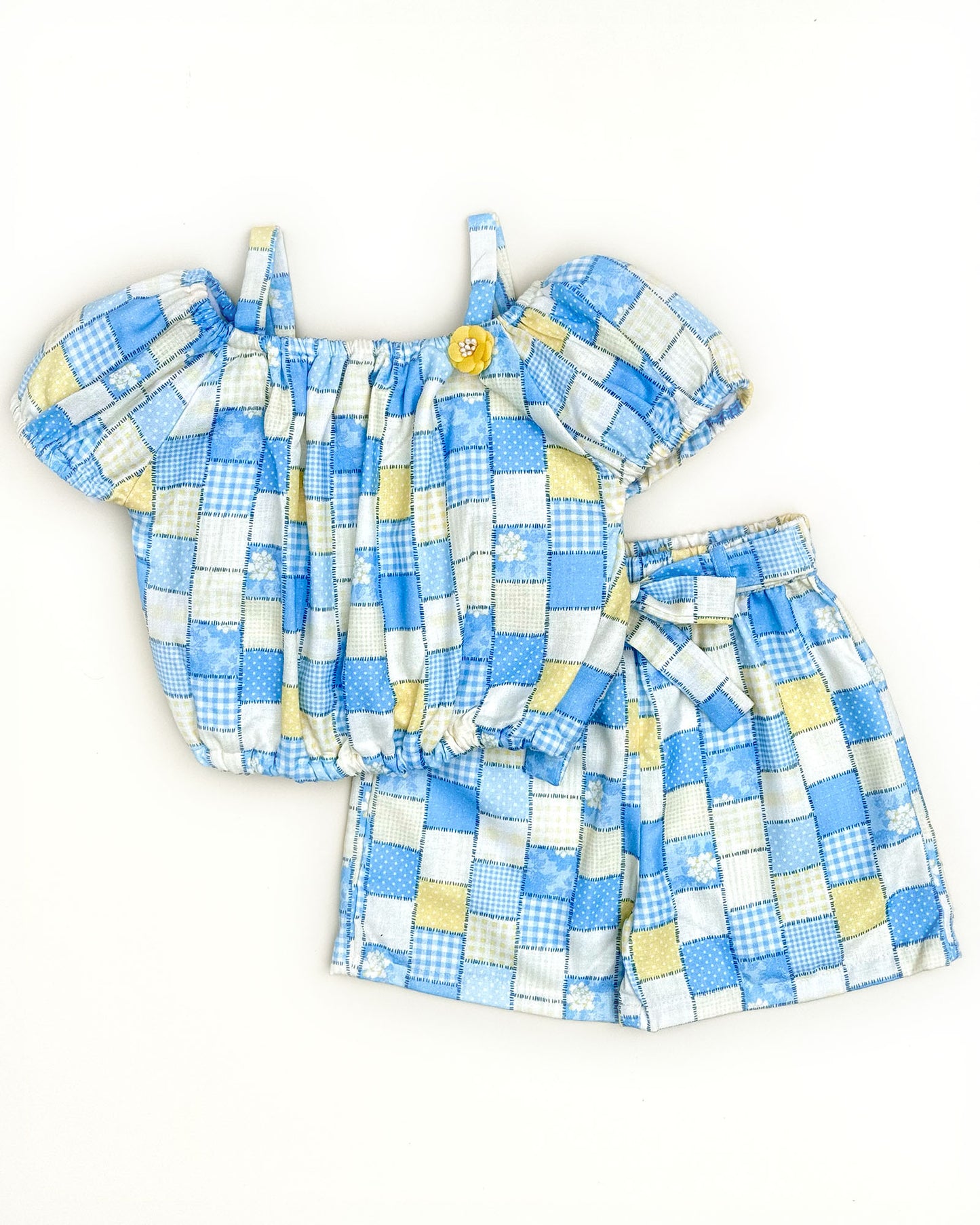 Girls Check Print Blouse and Shorts Set Dress - Yellow & Blue Check
