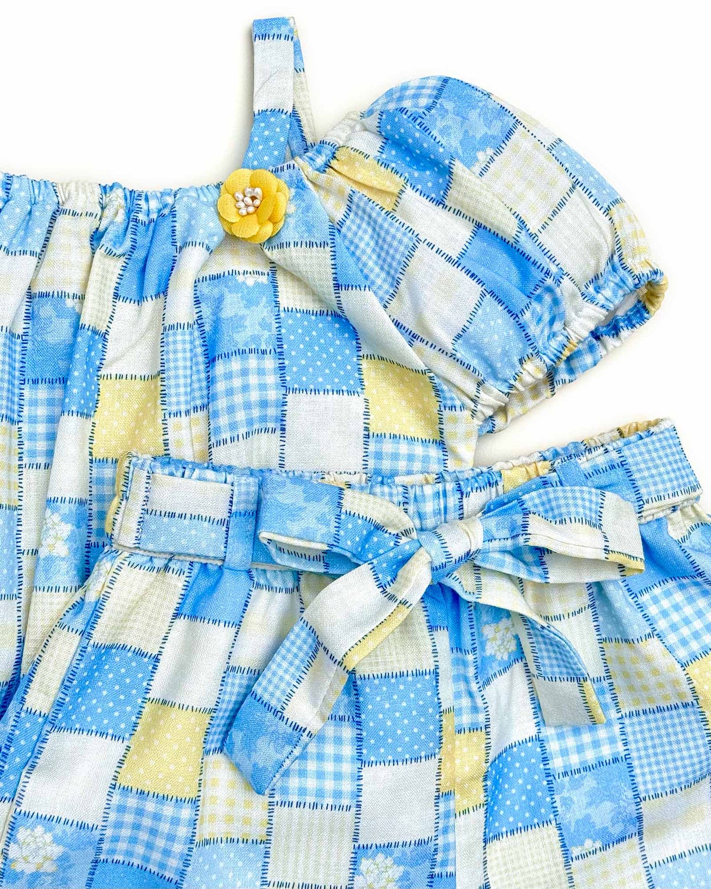 Girls Check Print Blouse and Shorts Set Dress - Yellow & Blue Check