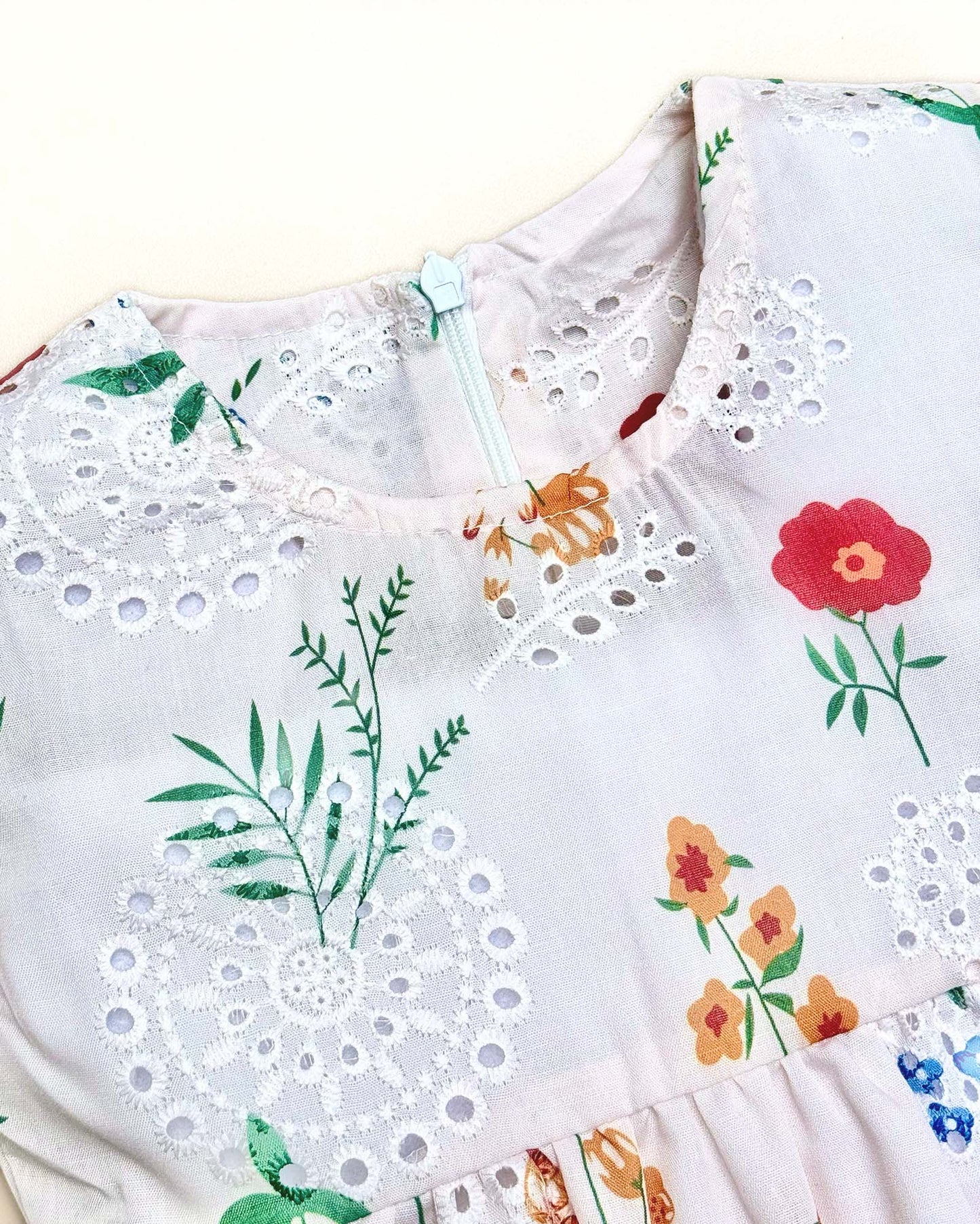 Girls Floral Print Chikankari Casual Dress