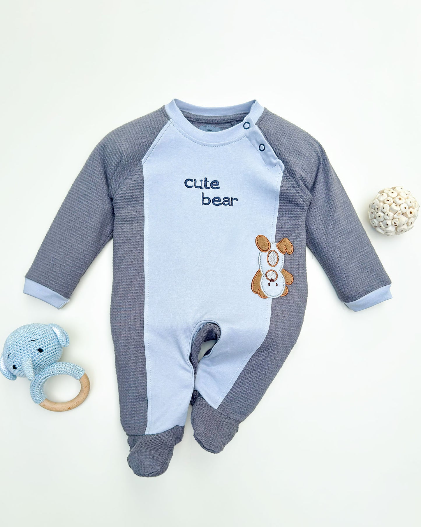 Full Sleeve Cute Bear Embroidered Textured Romper