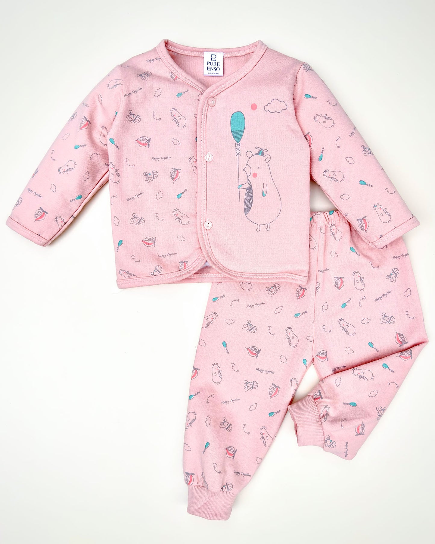 Bear Balloon Printed Fleeced Front Open Night Suit