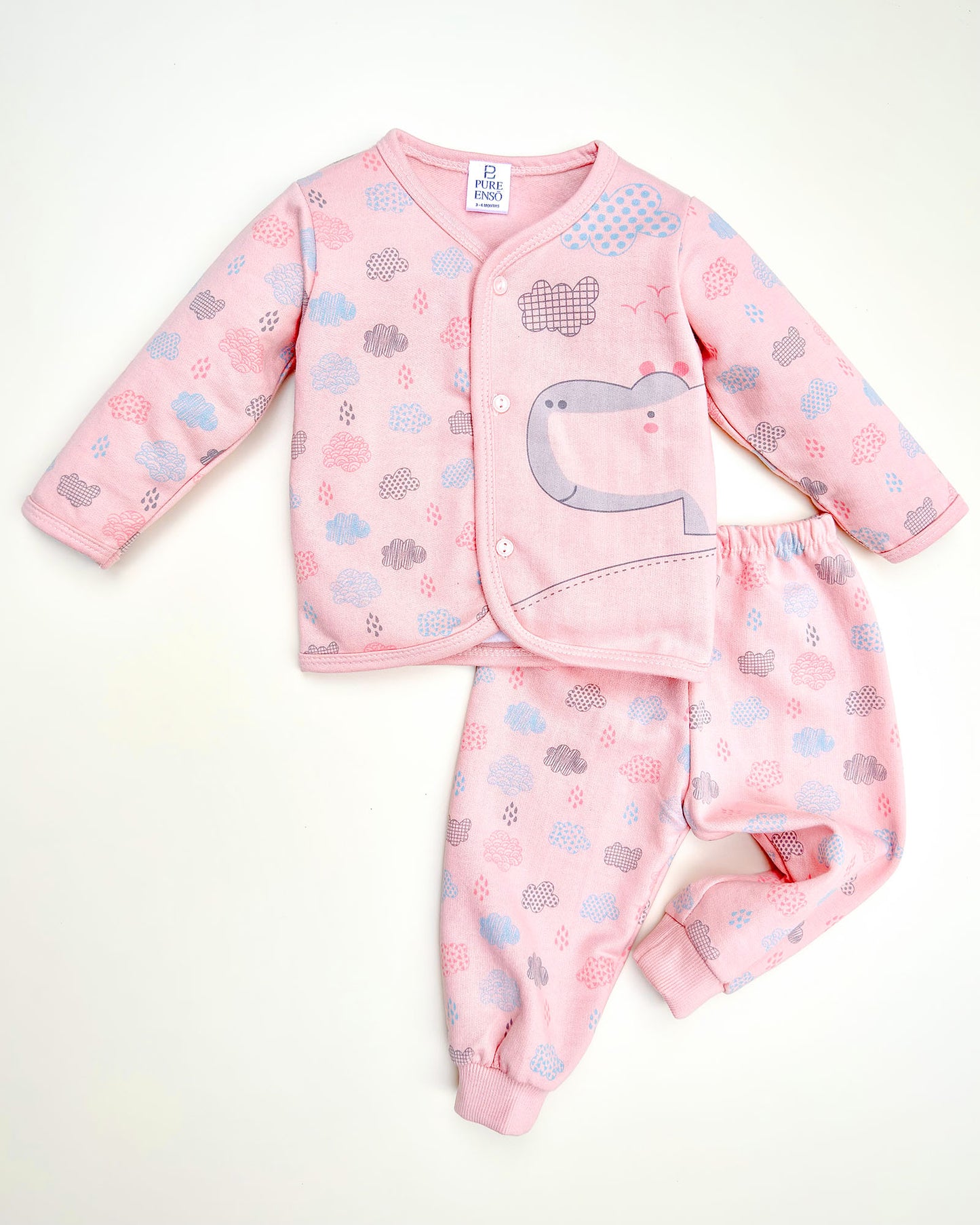Hippo Cloud Printed Fleeced Front Open Night Suit