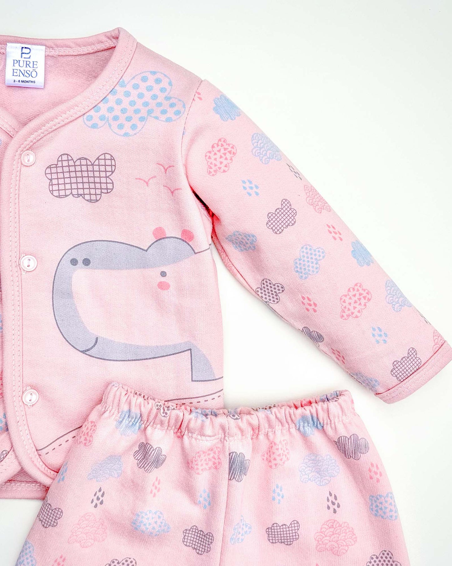 Hippo Cloud Printed Fleeced Front Open Night Suit