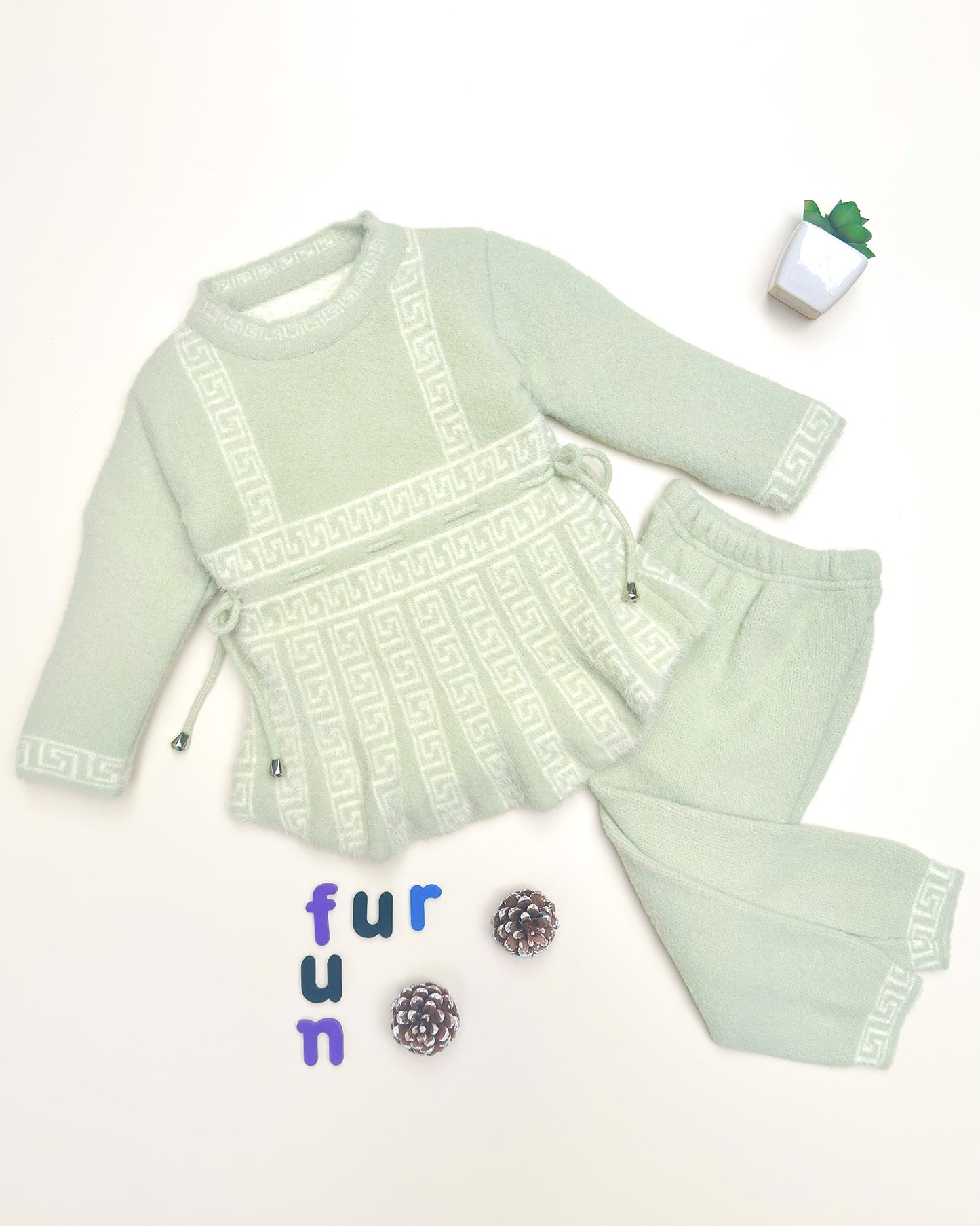 Full Sleeves Faux Fur Frock Co-ord Set with Geometric Print
