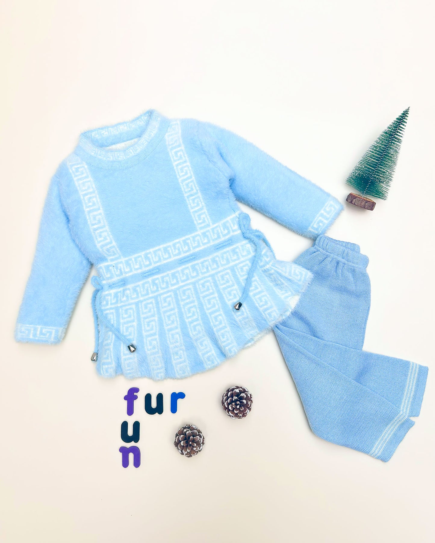 Full Sleeves Faux Fur Frock Co-ord Set with Geometric Print