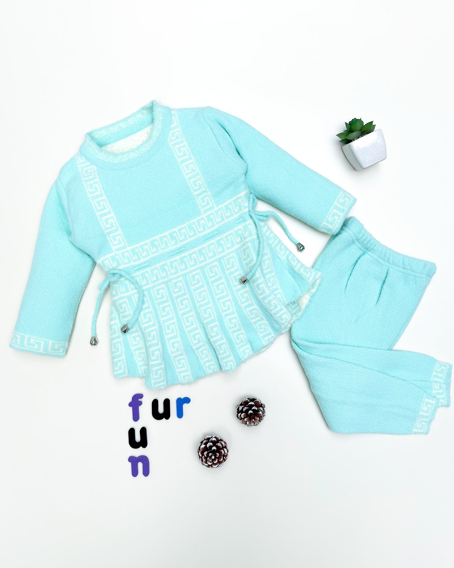 Full Sleeves Faux Fur Frock Co-ord Set with Geometric Print