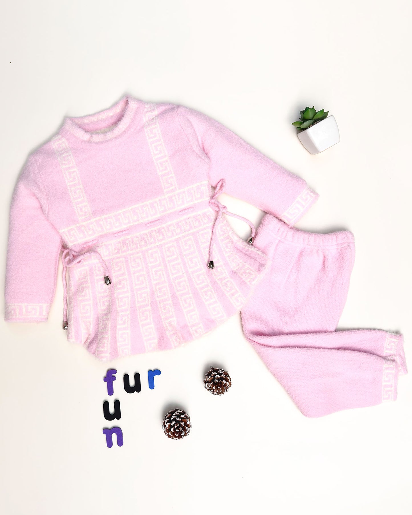 Full Sleeves Faux Fur Frock Co-ord Set with Geometric Print
