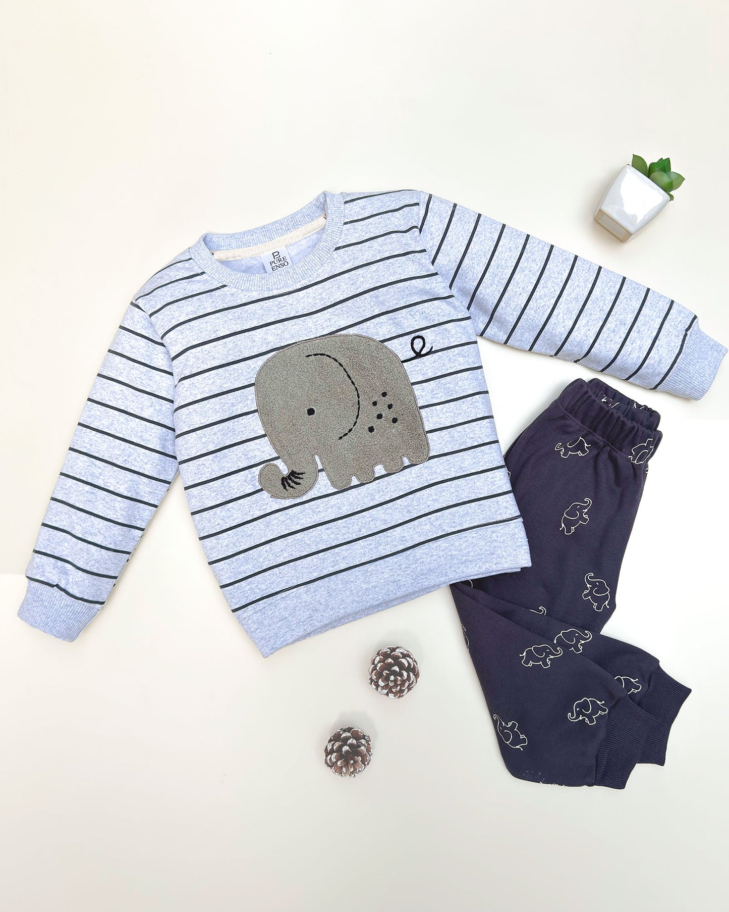 Fleeced Baby Elle Boucle Embroidery & Elephant Print Co-Ord Set