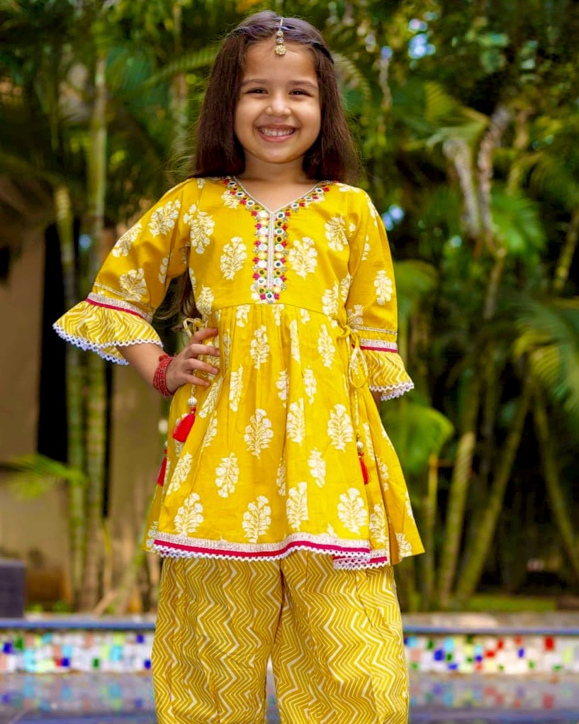 Traditional Printed Dhoti Salwae 2 Pec Set - Mustard