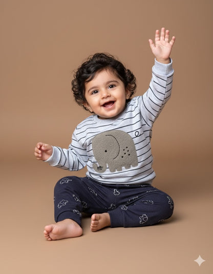 Fleeced Baby Elle Boucle Embroidery & Elephant Print Co-Ord Set