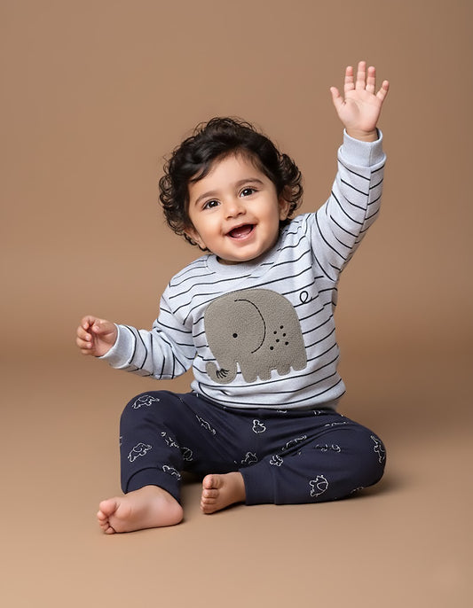Fleeced Baby Elle Boucle Embroidery & Elephant Print Co-Ord Set