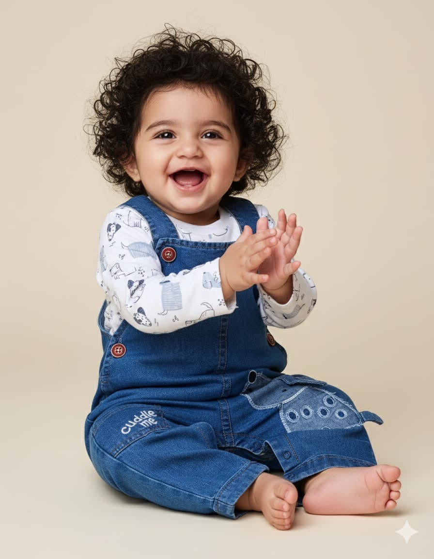 Printed T-Shirt With Denim Dungaree Romper & Applique Embroidery