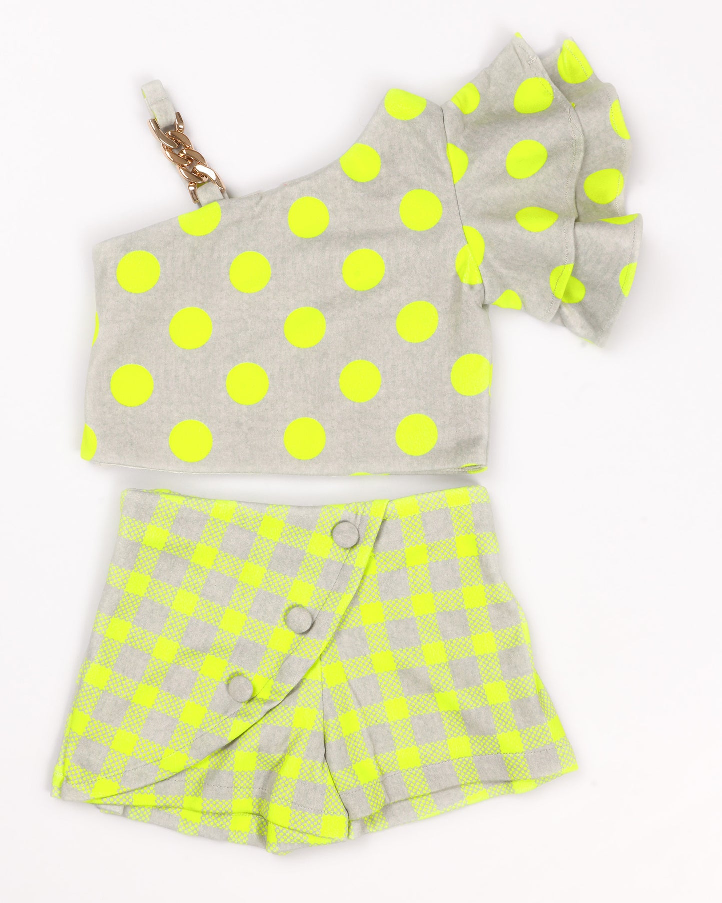 Soft Textured Polka Off-Shoulder Top & Check Shorts Set