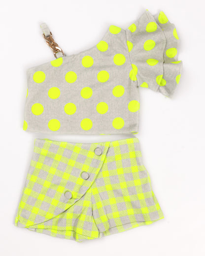 Soft Textured Polka Off-Shoulder Top & Check Shorts Set