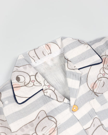 Cute Kitten Printed Muslin Night Suit