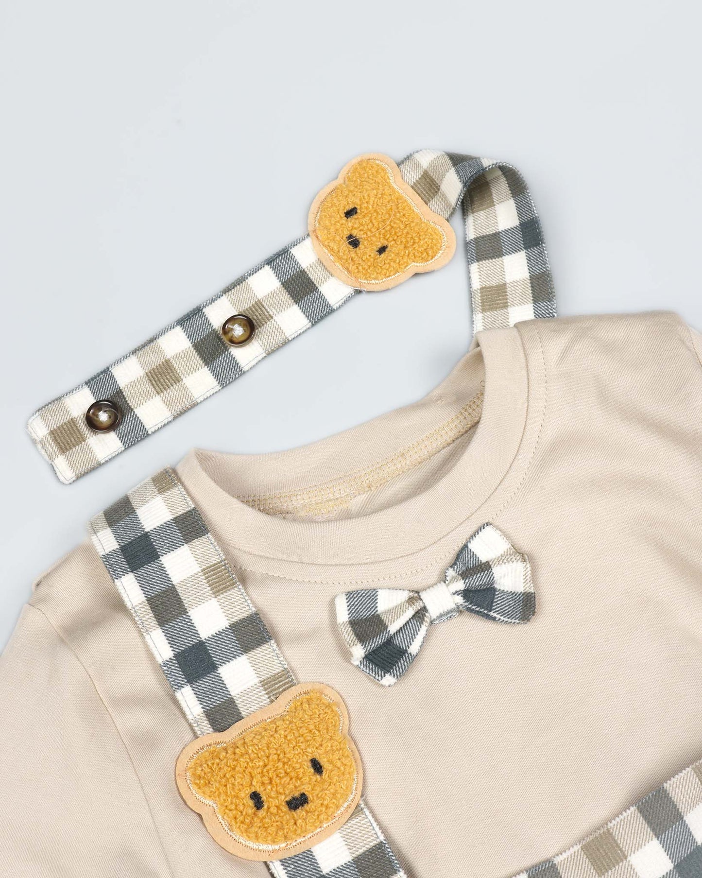 Check Textured Printed Gallis Suit With Bow Tie Detail
