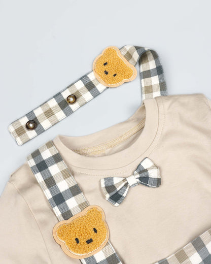 Check Textured Printed Gallis Suit With Bow Tie Detail