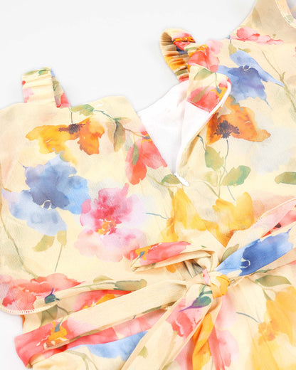 Multicolour Floral Printed Sleeveless Dress With Hat