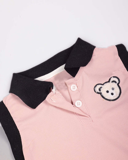 Bear Face Appliqued Tennis Dress With Contrasting Collar