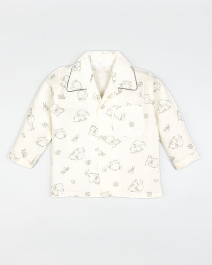 Baby Elle Doodle Printed Muslin Night Suit - Oatmeal