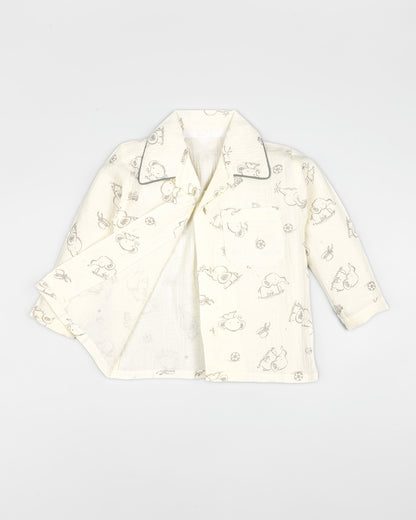 Baby Elle Doodle Printed Muslin Night Suit - Oatmeal