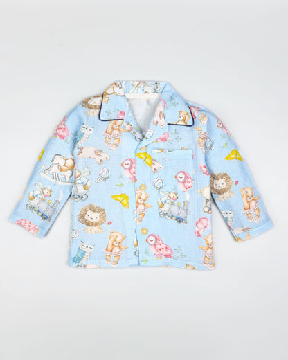 Baby Bear Life Printed Muslin Night Suit - Baby Blue