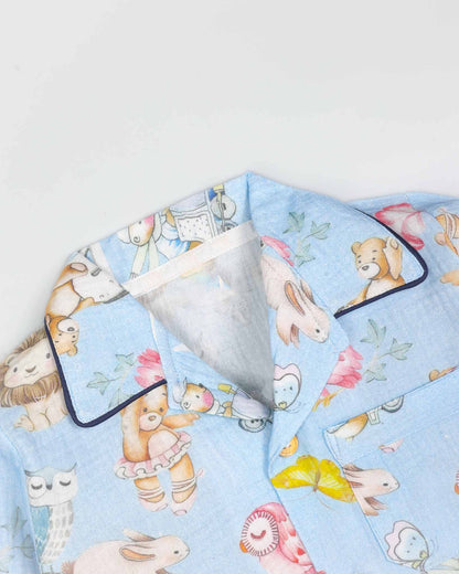 Baby Bear Life Printed Muslin Night Suit - Baby Blue