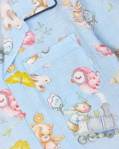 Baby Bear Life Printed Muslin Night Suit - Baby Blue