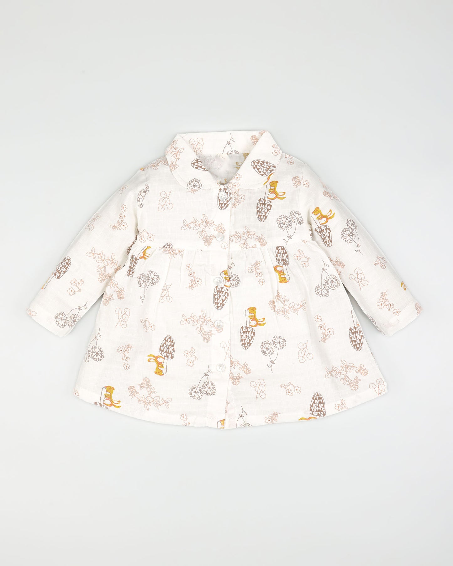 Pine Tree Printed Check Muslin Night Suit - Natural